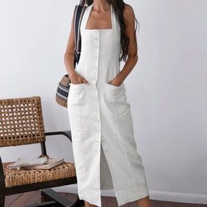 Commense Tied Halter Open Back Cotton Linen Midi Dress - size large